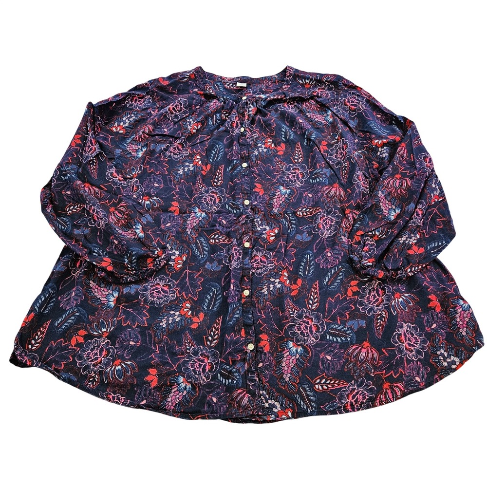 Old Navy Floral Button Front Blouse Navy Pink Red Long Sleeve Plus Size 2X